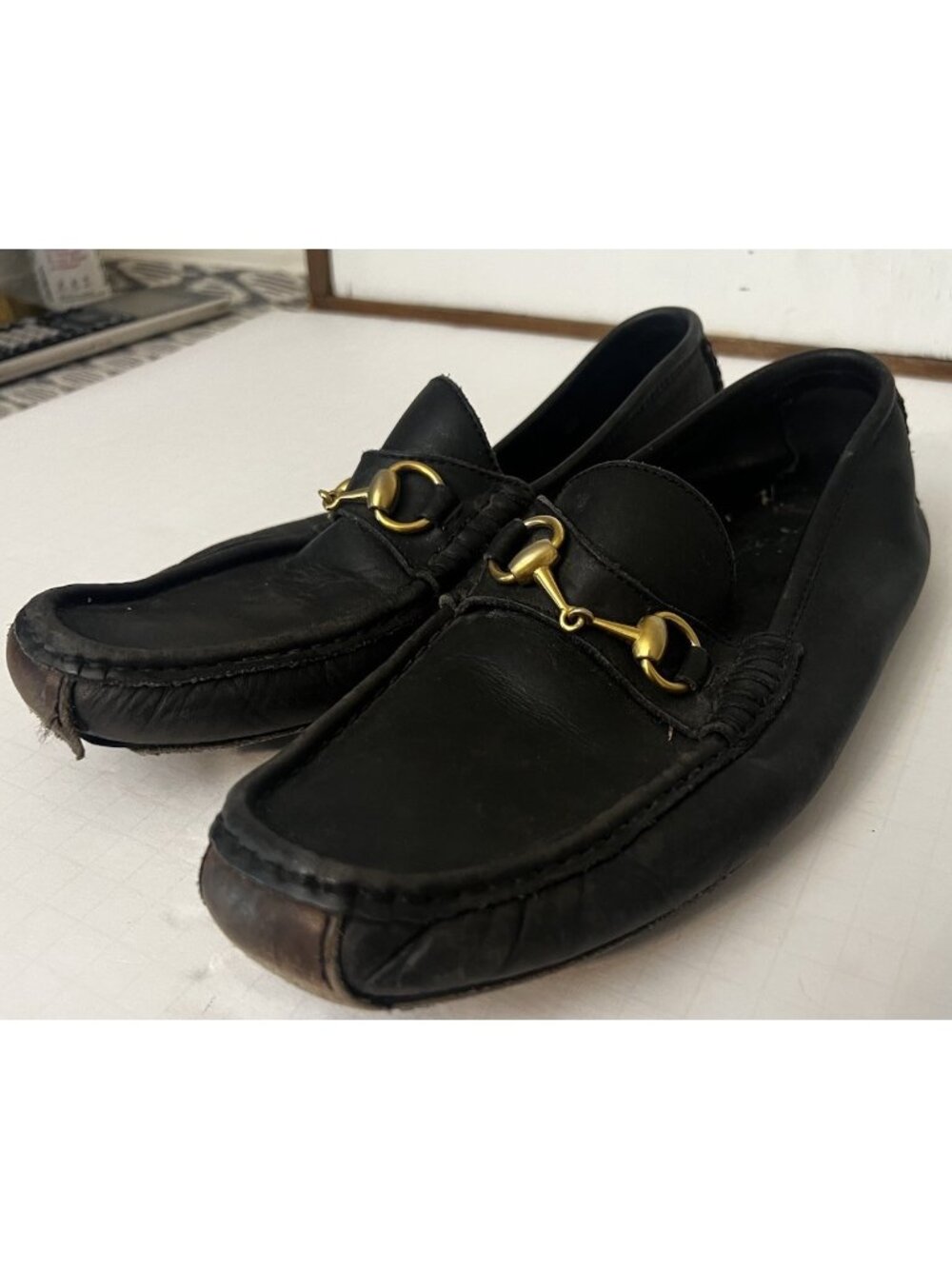 Gucci Brown Leather Gold Horsebit Driving Loafers Mens Sz 8 M Super Distressed